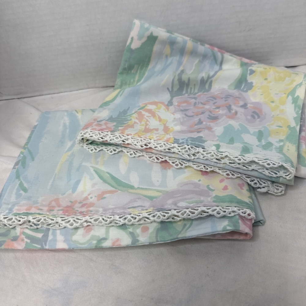 VTG 80s Atelier Martex Monet Water Lilies Floral Queen Pillow Cases Pair Lace 2